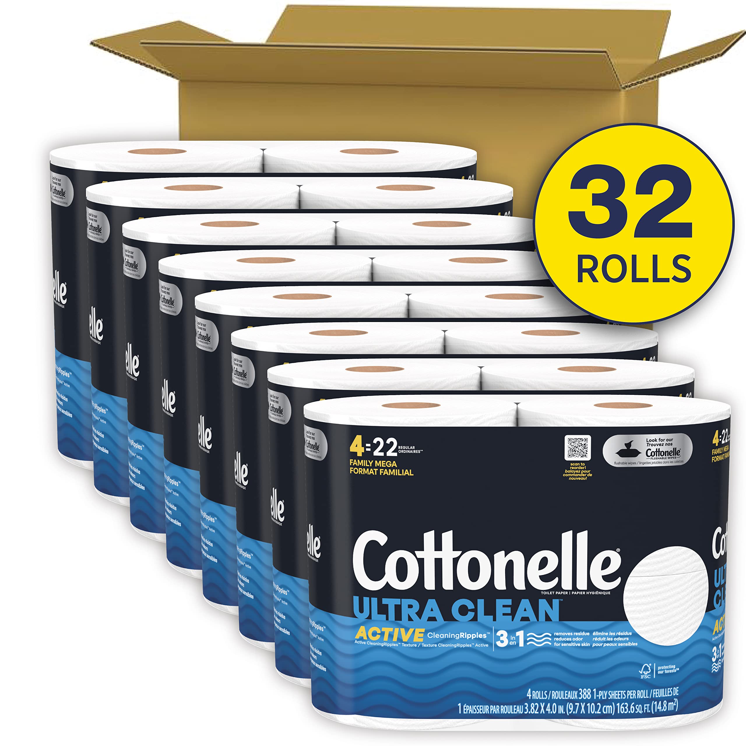 Cottonelle Ultra Clean Toilet Paper with Active CleaningRipples Texture, Strong Bath Tissue, 32 Family Mega Rolls (32 Family Mega Rolls = 176 Regular Rolls) (8 Packs of 4), 388 Sheets per Roll