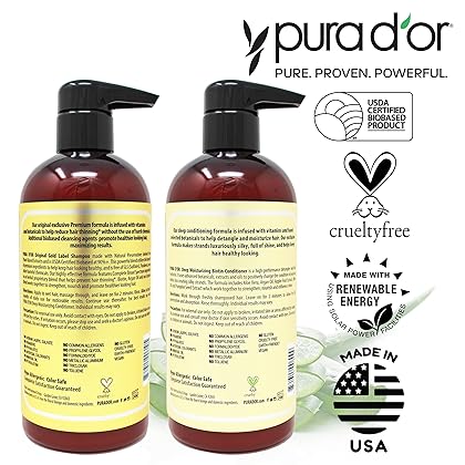 PURA D'OR Anti-Thinning Biotin Shampoo and Conditioner Natural Earthy Scent,Clinically Tested Proven Results DHT Blocker Thickening Products For Women & Men,Original Gold Label Hair Care Set 16oz x2