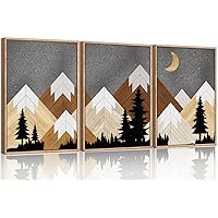 CHDITB Mountain Framed Canvas Wall Art Set, Country Wood Style Wall Decor, Rustic Farmhouse Wall Painting, Forest Nature Art Print for Living Room, Bedroom, Dinning Room, Office - Large Size 16