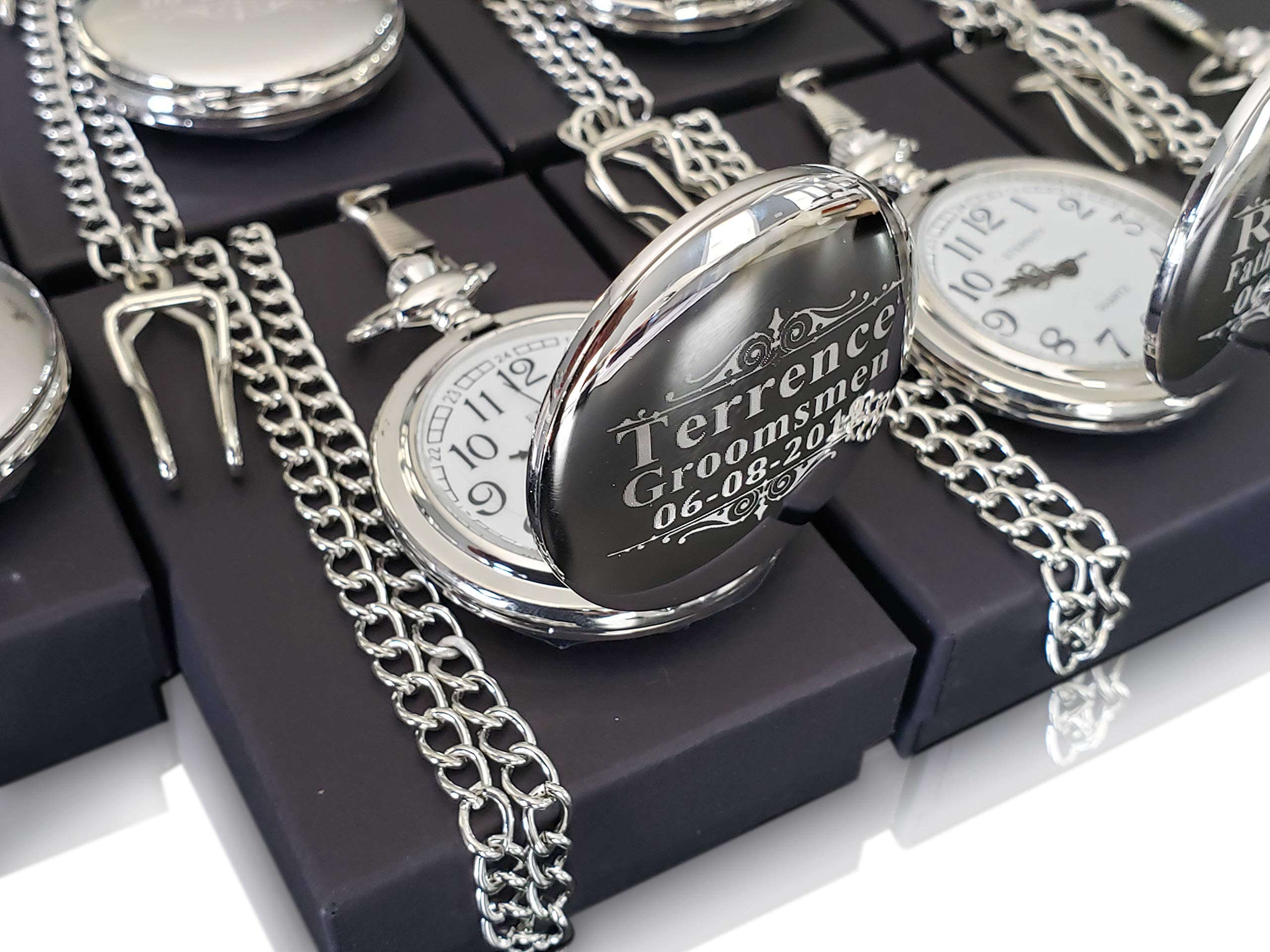 Eternity Engraving inc. 8 Engraved Pocket Watches Custom Fitted Box Included, Buckle Chain, Engraving Included. Pocket Watch, Battery Included, Assorted Colors Set of 8