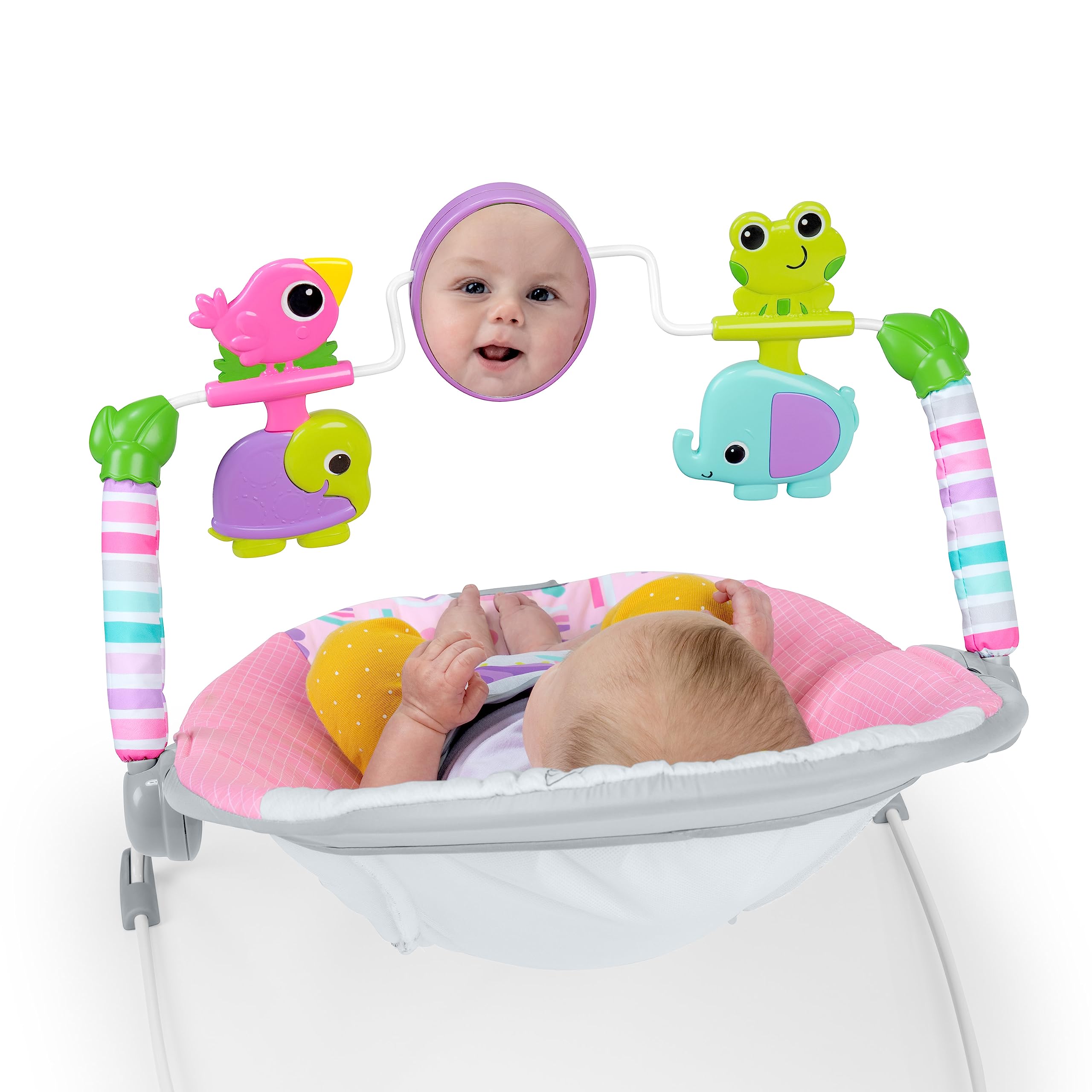 Bright Starts Pink Paradise Portable Baby Bouncer with Vibrating Infant Seat and -Toy Bar, Max Weight 20 lbs., Age 0-6 Months