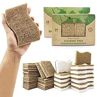 Biodegradable Natural Kitchen Sponge - Compostable Cellulose and Coconut Walnut Scrubber Sponge - Pack of 12 Eco Friendly Sponges for Dishes with Pack of 24 Coconut Fiber Scrub Pads for Dishes