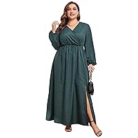 KOJOOIN Women Plus Size Wrap Maxi Dress Long Lantern Sleeves Empire Waist Split A Line Boho Casual Dresses Green Spots 4XL