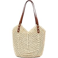 Straw Beach Bag for Women Large Straw Tote Bag with Zipper Summer Woven Bag Travel Straw Shoulder Bags for Vocation