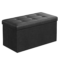 SONGMICS 30 Inches Folding Storage Ottoman Bench, Storage Chest, Footrest, Coffee Table, Padded Seat, Faux Leather, Holds up to 660 lb, Black ULSF105