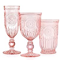 Colored Wine Glasses Set of 18 - Pink Wine Glasses Set for Wine Lovers - Vintage Wine Glasses for Mothers Day Gifts - Modern Wine Glasses with Sunflower Embossed Design - Pink Water Goblets Set
