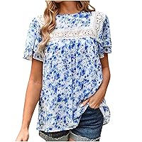 Womens T Shirts Summer Short Sleeve Tops Ethnic Style Floral Printed Hollow Out Patchwork Crewneck Pullover Blouse Tunic