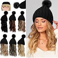 Hat Wig Beanie Hat with Hair Long Wavy Hair Extensions Knit Rib Pom Hat Attached 14