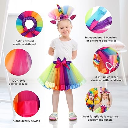 Simplicity Girls Rainbow Layered Tulle Tutu Skirt with Unicorn Headband & Hair Bow