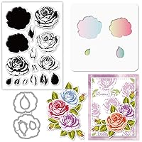 GLOBLELAND Roses Cut Dies & Clear Stamp & Painting Stencils Flowers Embossing Template Silicone Stamp Hollow Painting Stencil Set for Valentine's Day Card Making DIY Decoration