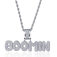 LC8 Jewelry Boomin-Gang Bubble Letter Pendant Hip Hop Iced Out Crystal Rapper Necklace with 24” Stainless Rope Chain for Men Women