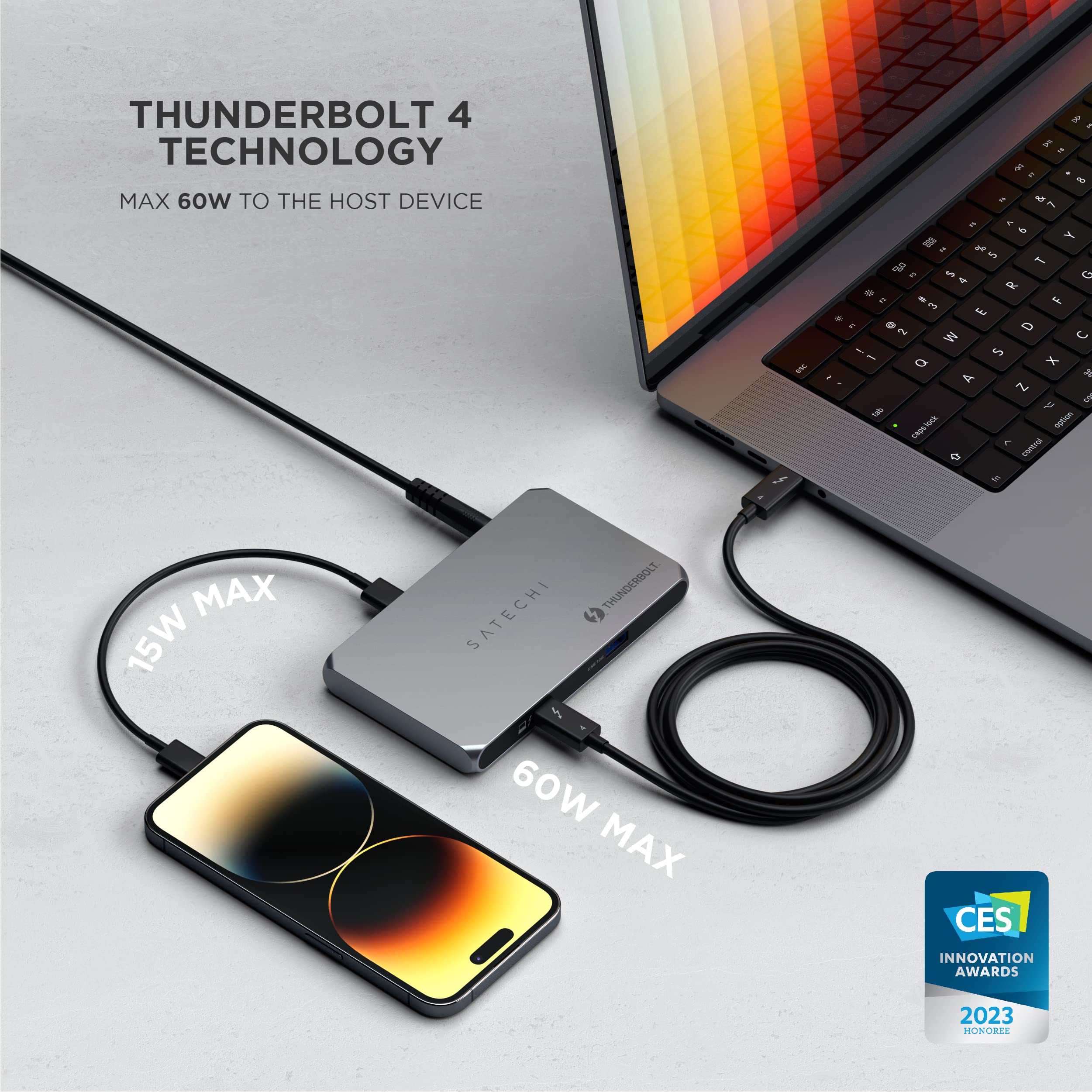 Satechi Thunderbolt 4 Slim Hub 5-in-1, USB C 60W Charging, Single 8k or Dual 4K Display, 4 Thunderbolt 4 Ports, USB 3.2 Gen2 - Compatible with USB4/ Thunderbolt 4 Macs and USB4/ Thunderbolt 4 Windows