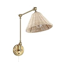 WINGBO Wall Sconce Rattan Wrapped Wall Lamp, Adjustable Swing Arm Gold Wall Light Fixture Foldable Vintage Bedside Light Wicker Handmade Shade Brass Reading Light Plug in or Hardwire (1 Pack)