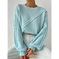 Sweaters for Women Cable Knit Lantern Sleeve Sweater (Color : Baby Blue, Size : Small)
