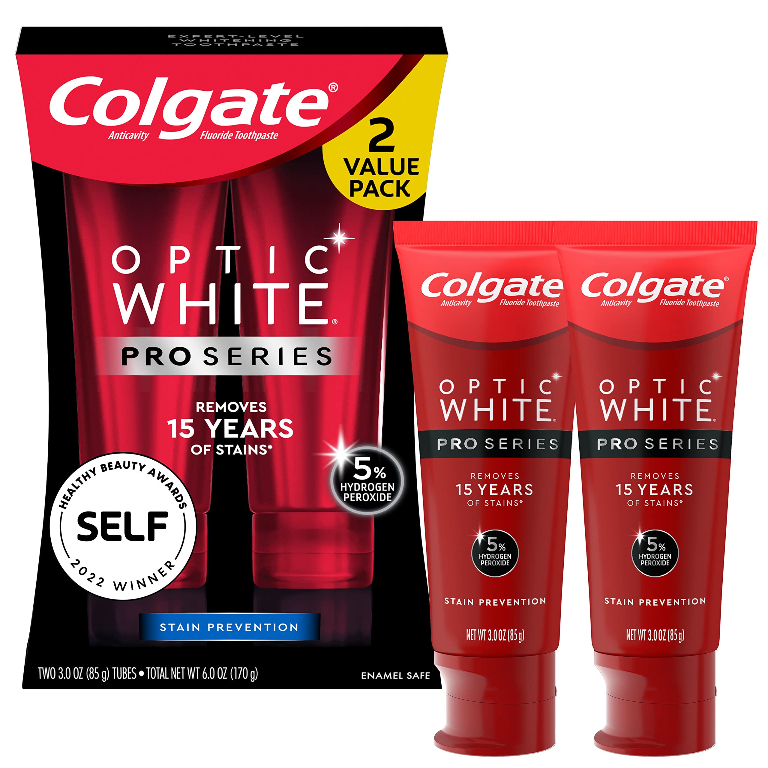 Colgate Optic White Pro Series Whitening Toothpaste with 5% Hydrogen Peroxide, Stain Prevention, 3 oz Tube, 2 Pack