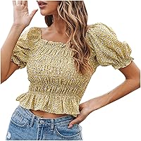 Summer Womens Cute Puff Sleeve Blouses Floral Ruffles Smocked Crop Top Shirts Casual Square Neck Tees for Teen Girls
