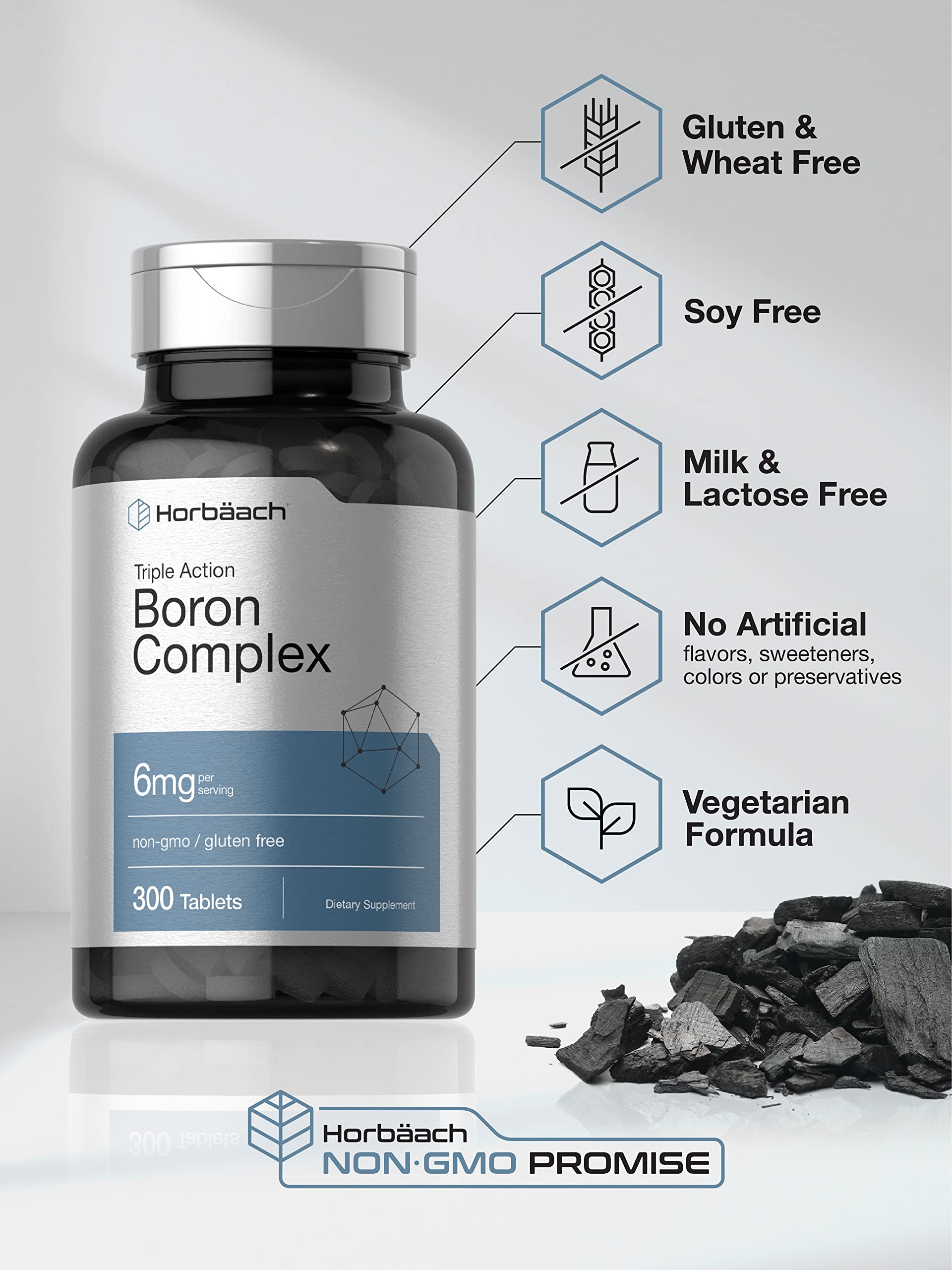 Boron Supplement 6mg | 300 Tablets | Triple Action Complex for Men and Women | Boron Citrate, Boron Glycinate, and Boron Asparate | Non-GMO and Gluten Free | by Horbaach