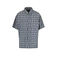 A｜X ARMANI EXCHANGE Men's Short Sleeve All-Over Logo Denim Jacquard Button Down Shirt. Regular Fit