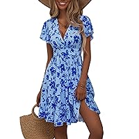 TORARY Womens Summer Dresses 2024 Floral Cap Sleeve Wrap V Neck Ruffle A-Line Sun Dress