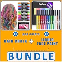 Jim&Gloria 12 Dustless Hair Chalk For Girls, Gifts for Kids, Teen Girls Trendy Stuff, Teenage Girls + Sweatproof Face Paint 12 Colors Brush Pen Set Smudge Proof Water Resistance Body Markers Painting