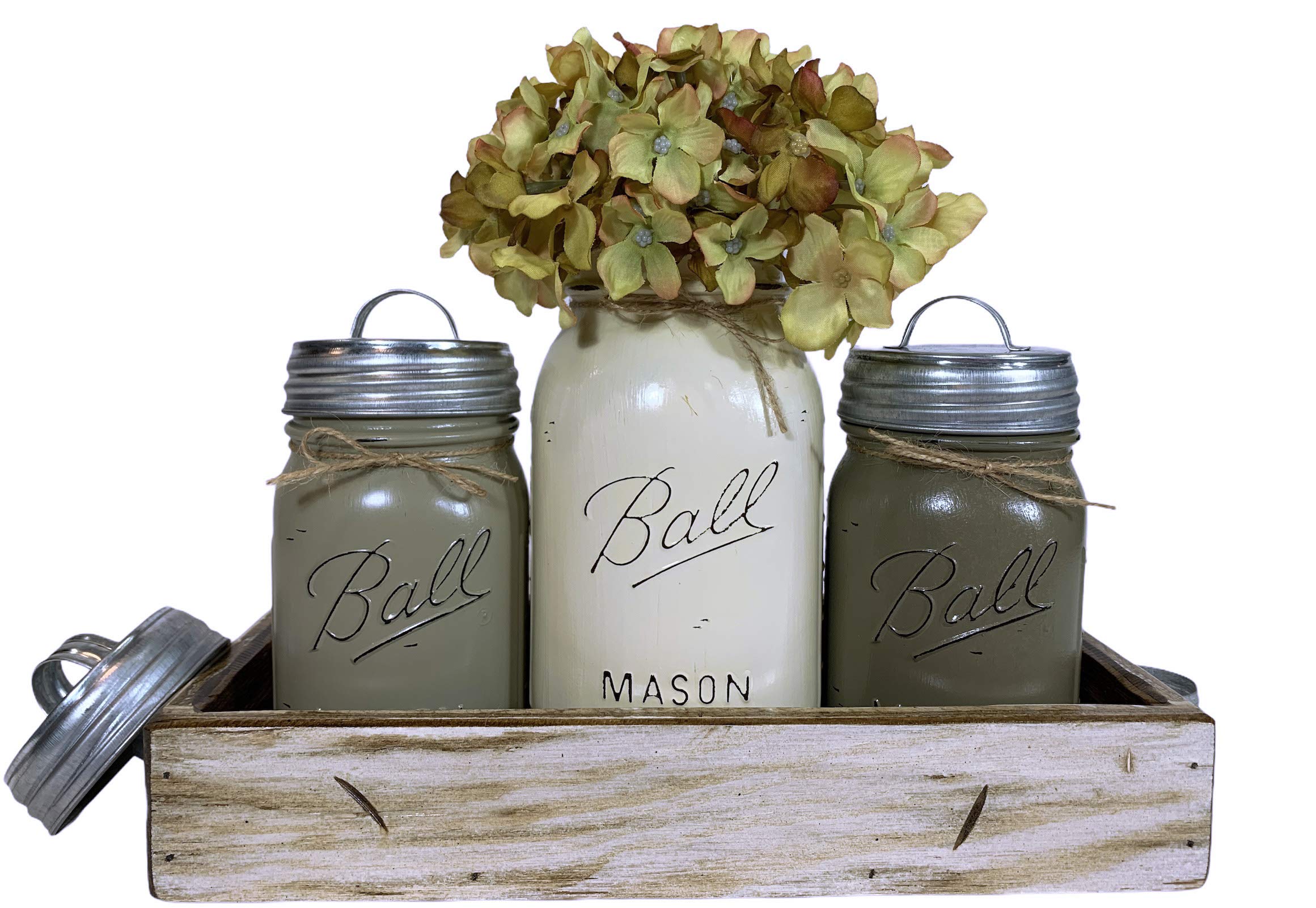 Ball Mason Jar CANISTER 7pc SET with galvanized metal lids ~Antique WHITE wood Tray ~Mini utensil tea holder, Kitchen Bathroom centerpiece (flower ...