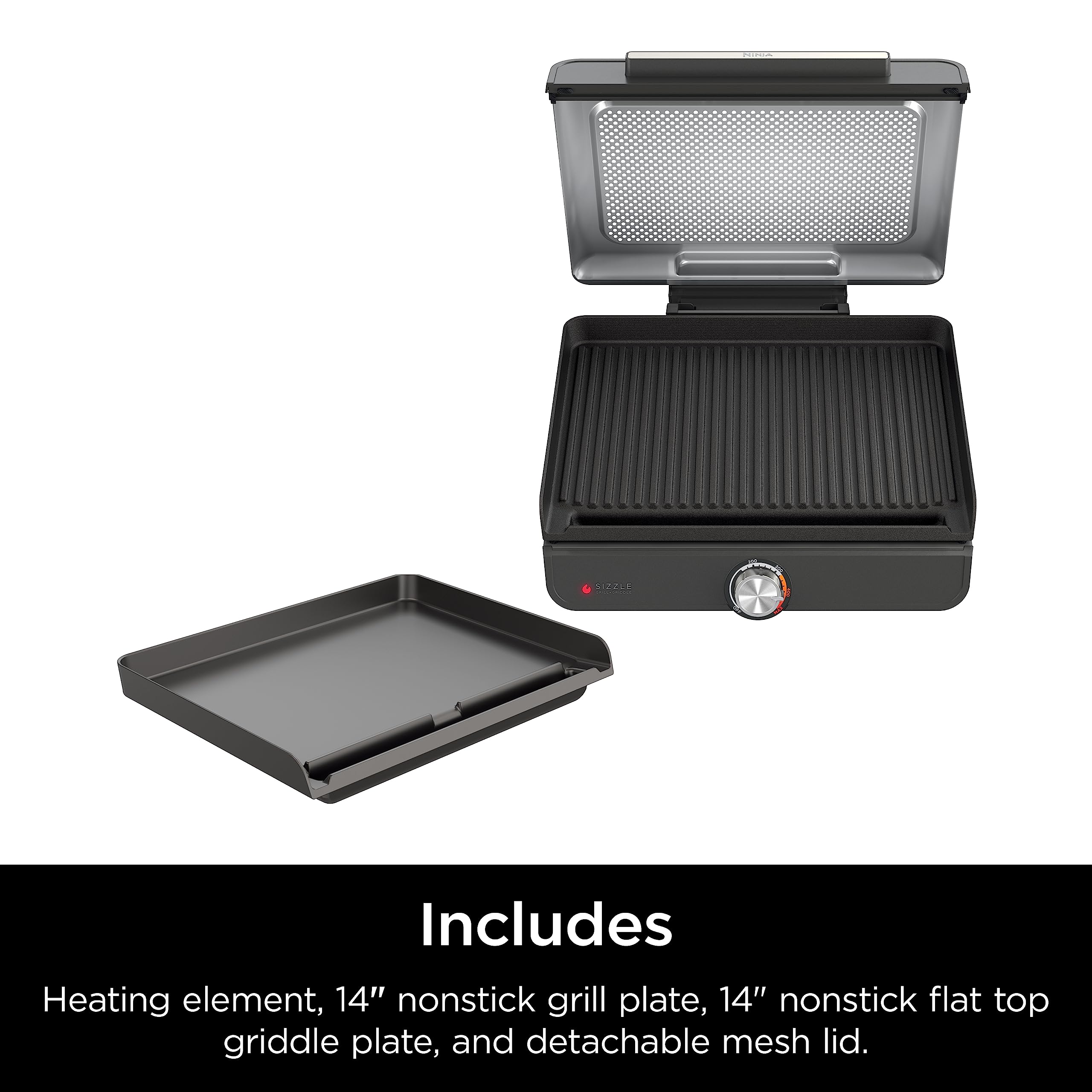 Ninja GR101 Sizzle Smokeless Indoor Grill & Griddle, 14'' Interchangeable Nonstick Grill and Griddle Plates, Dishwasher-Safe Removable Mesh Lid, 500F Max Heat, Even Edge-to-Edge Cooking, Grey/Silver