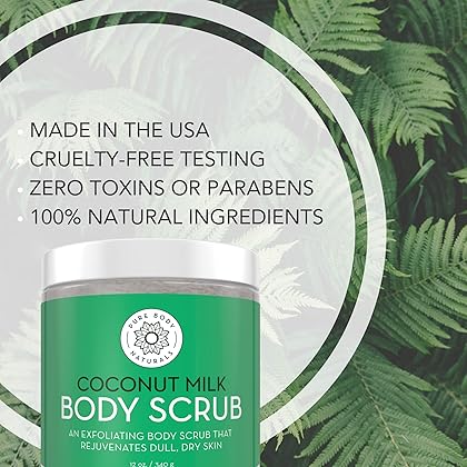 Pure Body Naturals Exfoliating Body Scrub with Hydrating Coconut Milk and Detoxifying Dead Sea Salt, Moisturizing Exfoliating Scrub, 12 Ounce (Packaging Varies)