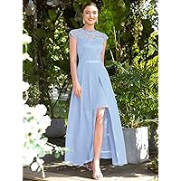 Women's Dress Plicated Detail Split Thigh Lace Dress Women's dressEVEBABY (Color : Dusty Blue, Size : Small)