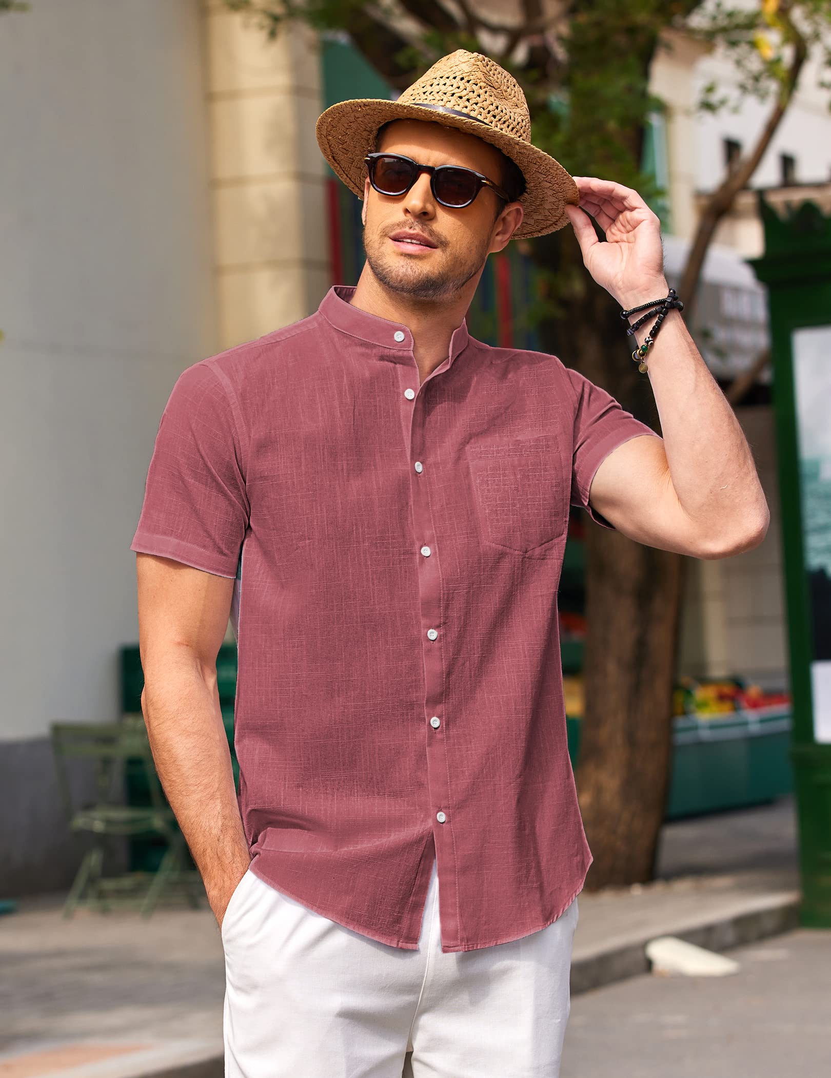 COOFANDY Men's Banded Collar Beach Shirt Cotton Linen Casual Button Down Short Sleeve Shirts