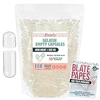 Premium Size 00 Empty Gelatin Capsules,1000 Count (Clear) with Blate Papes® Gel Film Pouches - New, Non-GMO Fillable Pill Caps in a Resealable Bag - Nothing Artificial, Ever.