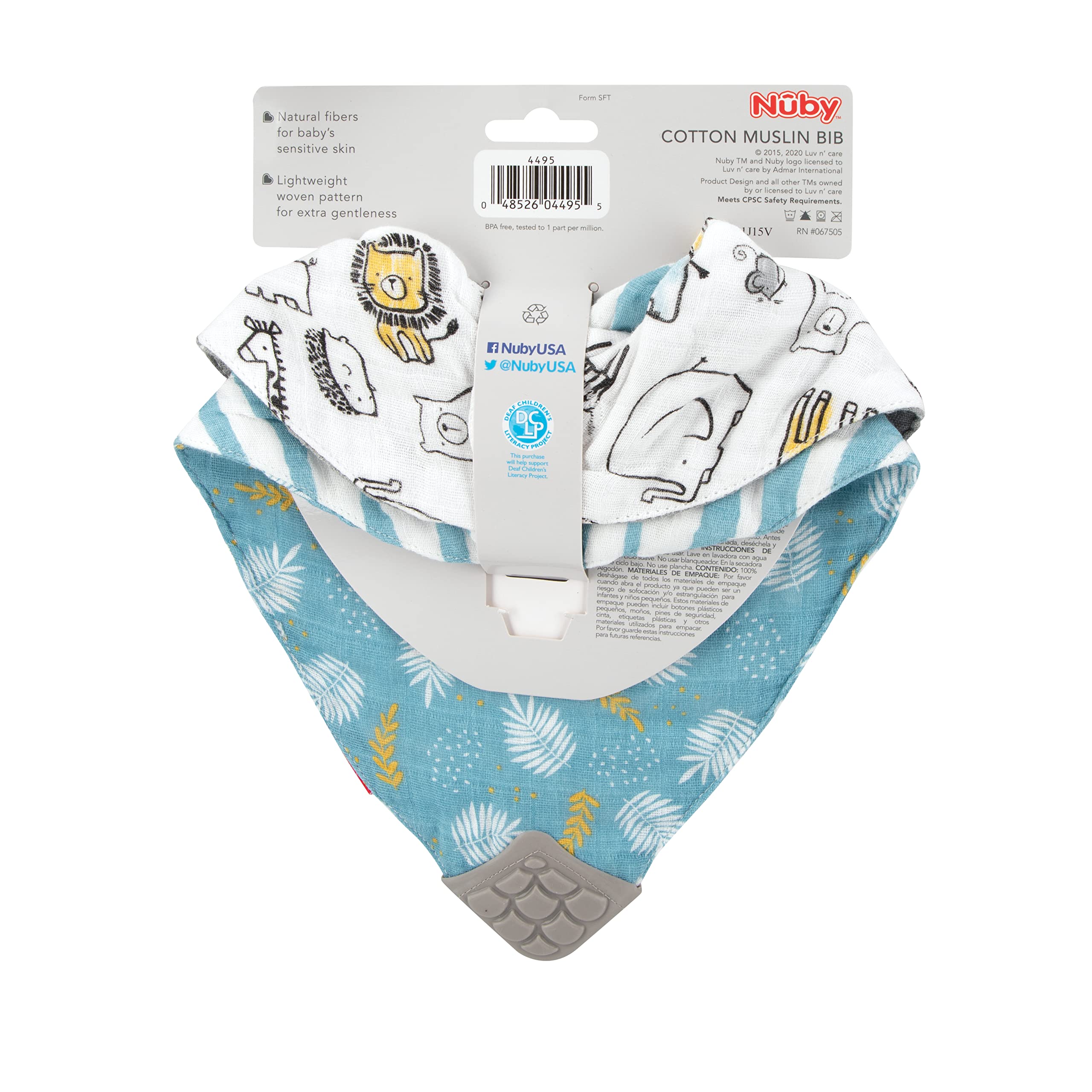 Nuby 100% Natural Cotton Muslin Bib, Zoo