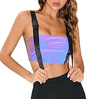 LZLRUN Women's Rainbow Reflective Crop Tops Tank Camis Metallic Holographic Camisole Rave Top Outfit (Rainbow Reflective, M)