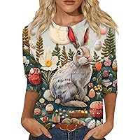 Easter Egg Womens 3/4 Sleeve Tops Funny Bunny Floral Graphic Embroidered Blouses 2024 Ladies Crew Neck Tee Shirts