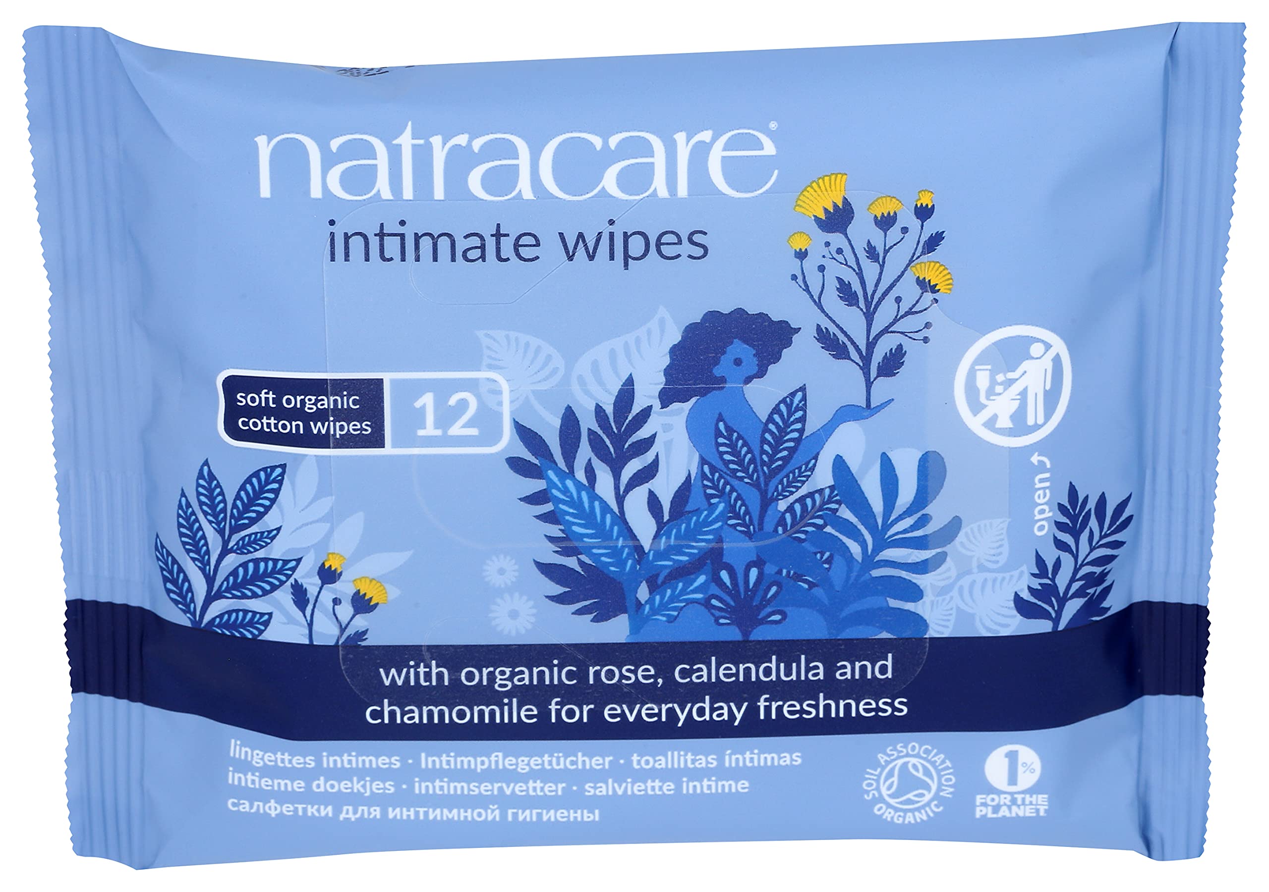 Natracare Organic Cotton Intimate Wipes Infused with Organic Essential Oils of Chamomile, Calendula and French Rose, 12 Wipes per pack (24 Pack, 288 wipes total)