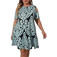 HBEYYTO Women Plus Size Dresses Cold Shoulder Short Sleeve Casual Loose T-Shirt Swing Dress with Pockets