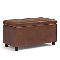 SIMPLIHOME Cosmopolitan 34 inch Wide Rectangle Lift Top Storage Ottoman in Upholstered Distressed Saddle Brown Tufted Faux Leather, Footrest Stool, Coffee Table for Living Room, Bedroom and Kids Room