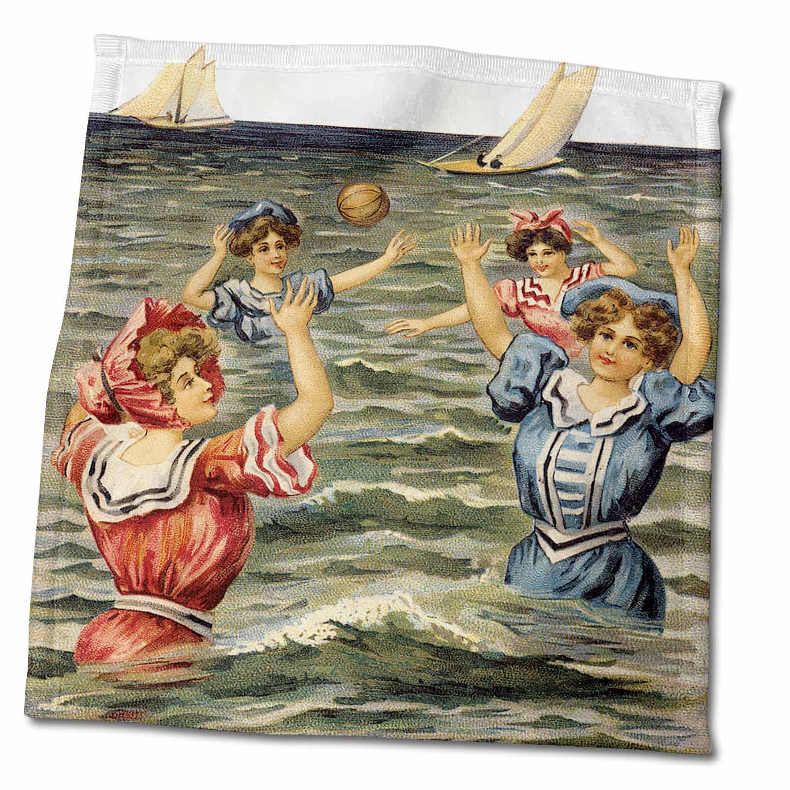 3dRose Women in Victorian Bathing Suits Playing Ball in The Ocean - Towels (twl-170829-3)