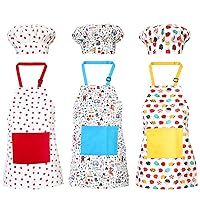 3 Pieces Kids Apron and Chef Hat Set Small Cotton Children Aprons With Pockets and Adjustable Neck Strap Kids Baking Kits Age 3-5