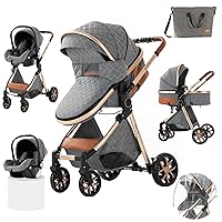 3 in 1 Baby Stroller Travel System, Reversible Newborn Foldable Pram, Infant High Landscape Pushchair, Portable Standard Stroller, Reclining Buggy, Baby Carriage (MGV9-GREY Without Base)