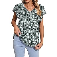 Womens Summer Tops Ruffle Short Sleeve V Neck Loose Fit Chiffon Blouse Shirt with Lining, High Low Hem