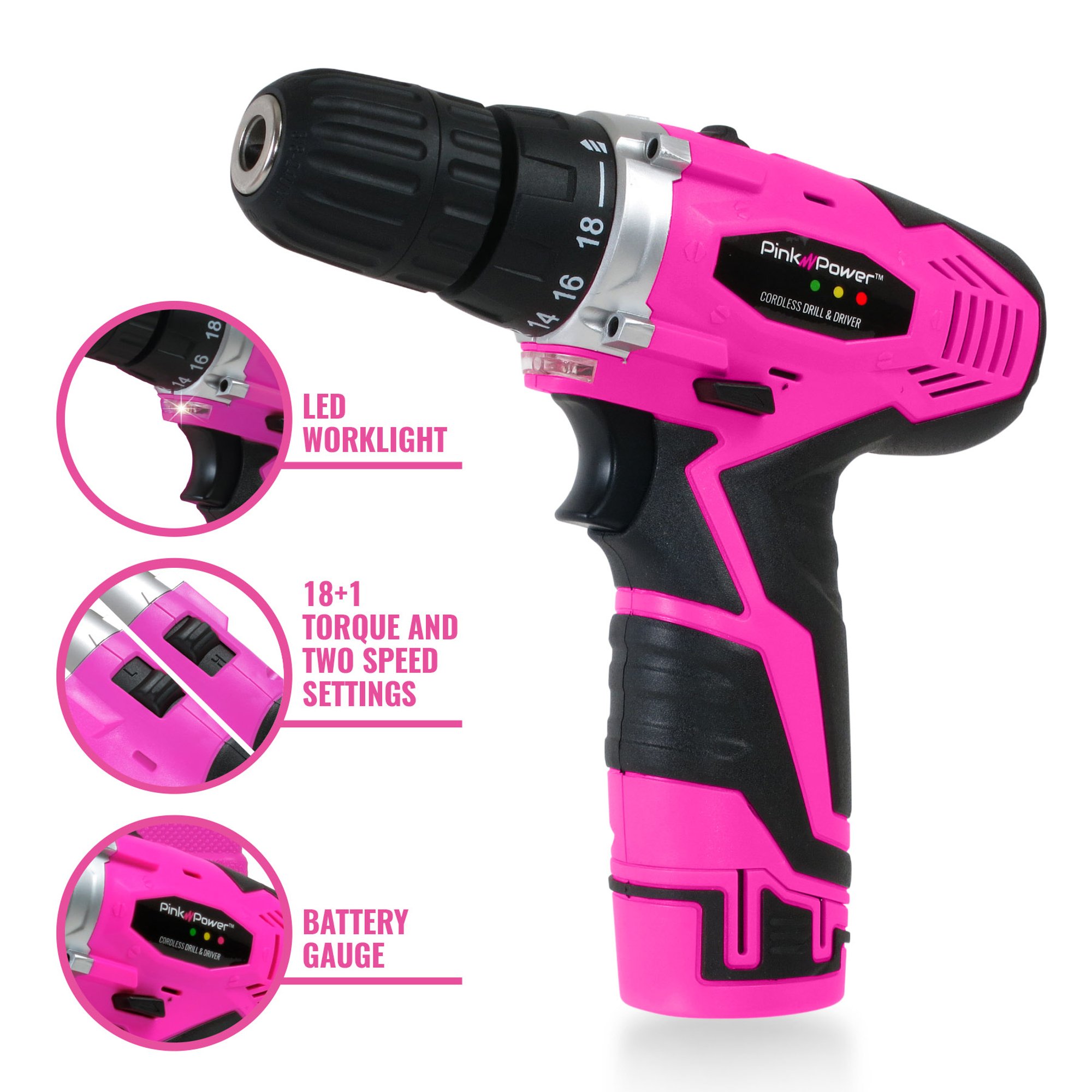 Pink Power Pink Drill Set for Women - 12V Li-Ion Pink Cordless Drill Driver Tool Kit for Women - Electric Screwdriver with Case, Battery, Charger and Bit Set