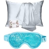 J JIMOO Bundle of Cooling Ice Gel Eye Mask for Headache, Puffiness, Allergies, Migraine, Stress Relief and 100% Mulberry Silk Pillowcase for Hair and Skin