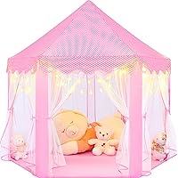Pink Princess Tent for Girls, Kids Play Tent with LED Small Star Lights, Castle Playhouse Tent for Children Toddlers Indoor Outdoor Games, 55×53 Inches