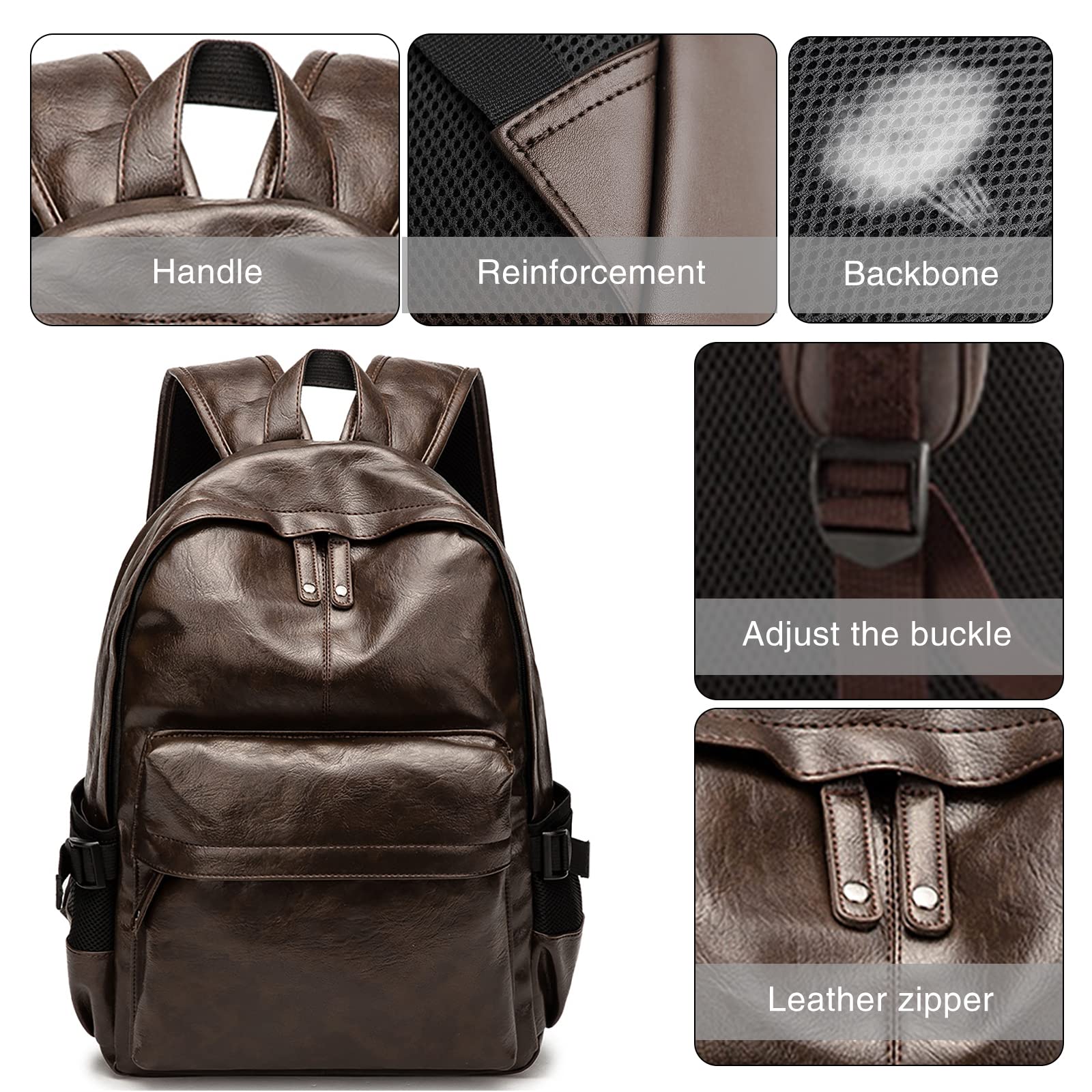 Leather Laptop Backpack for Men Wowen, School College Bookbag Casual Travel Daypack (Brown)