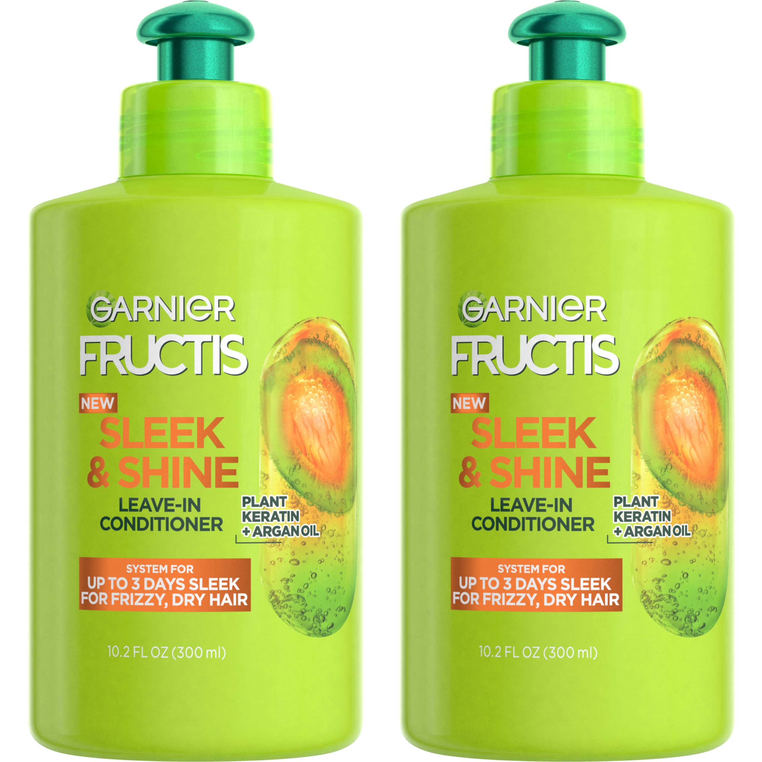 Garnier Fructis Sleek & Shine Leave-In Conditioning Cream for Frizzy, Dry Hair, Plant Keratin + Argan Oil, 10.2 Fl Oz, 2 Count & Fructis Style Pure Clean Styling Gel 6.8 Fl Oz, 1 Count,