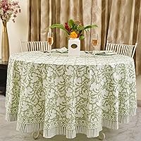 Ridhi Tablecloth Round 120 inch Sage Green 100% Cotton Hand Block Print Floral Table Cloth for Kitchen Dining Linen Home Decor I Parties, Weddings, Outdoors, Holidays