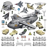 Military Airplane Car Toy for Kid - 2-in-1 Airplane Playset for Ages 5-7 3-6 Boy, Fighter Jet with 6 Truck Vehicle, 5 Helicopter, Army Men Kit for 4 5 6 7 8 Years Old Child Birthday