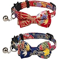 Breakaway Cat Collar with Bow Tie and Bell, Japanese Kimono Patterns, Detachable Adjustable Safety Collars for Girl Boy Male Female Cats Kitten & Small Dogs 2 Pack