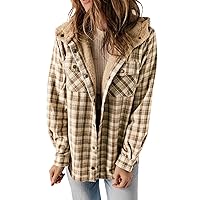 Dokotoo Womens Plaid Shacket Jacket Long Sleeve Button Down Fleece Hooded Jackets Warm Coat