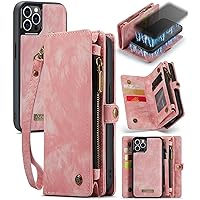 ZORSOME Wallet Case Cover for iPhone 12 Pro,2 in 1 Detachable Premium Leather PU with 8 Card Holder Slots Magnetic Zipper Pouch Flip Lanyard Strap Wristlet for Women Men Girls,Pink